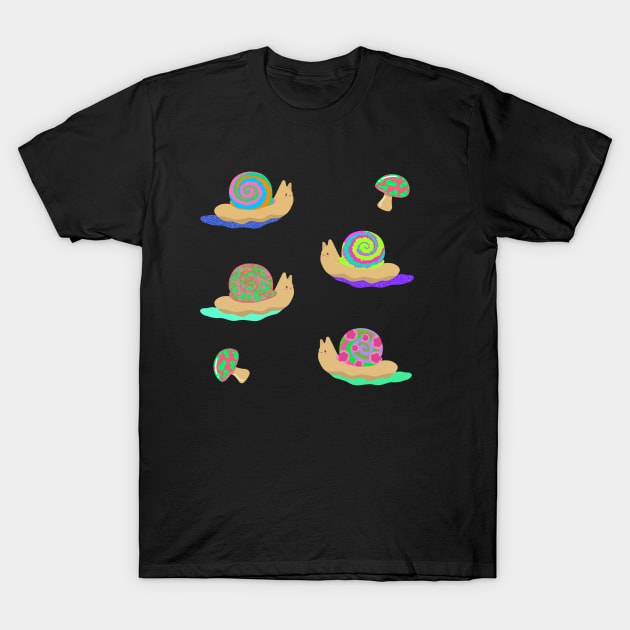 Psychedelic Snails And Mushrooms T-Shirt by Sofia Sava